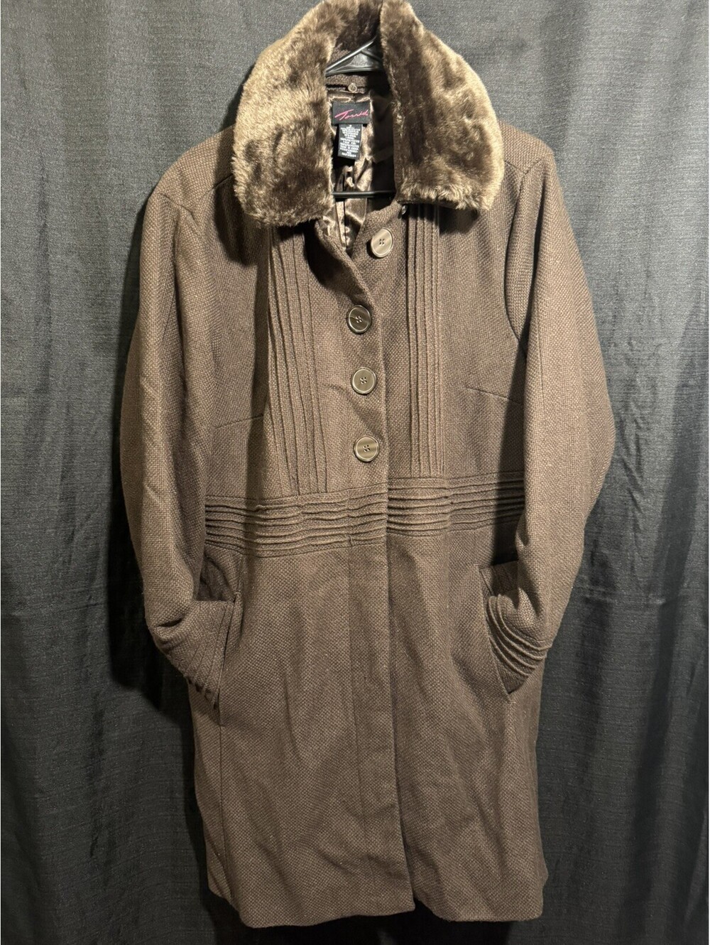 Torrid Womens Size 2 2X Brown Wool Blend Long Coat Faux Fur Collar Plus